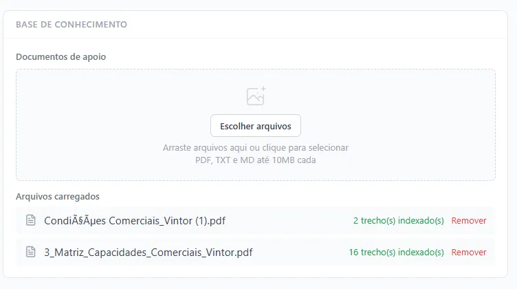 Vintor — Base de conhecimento: Seus documentos viram o conhecimento do agente, consultados na hora de responder.
