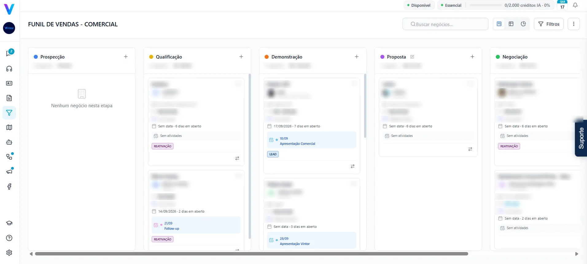 Vintor — Funil de vendas: Pipelines por etapa, com valor, responsável e atividades no cartão.