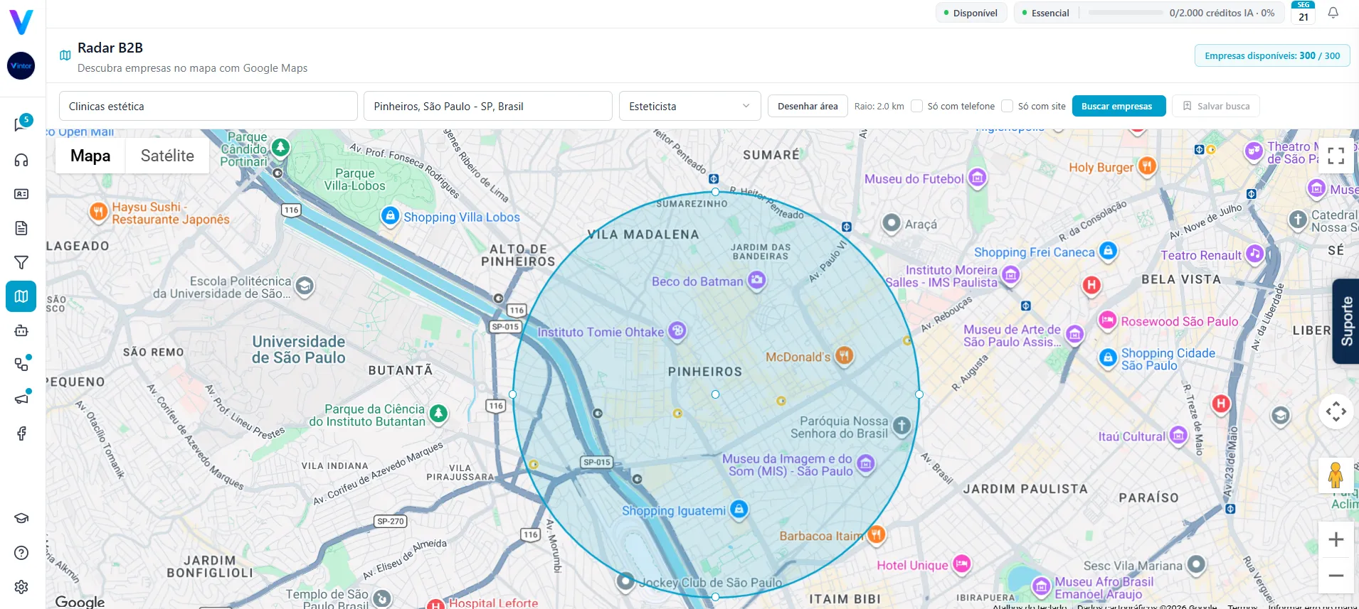 Vintor — Busca por atividade e raio: Escolha o tipo de empresa e desenhe o raio no mapa: quem está dentro aparece na lista, pronto para revelar.